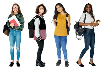 Fototapeta premium Diverse students with backpacks smiling element set