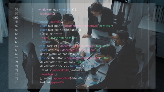 A diverse group of professionals collaborates around a laptop, discussing programming code and brainstorming innovative ideas in a modern office space. Raster