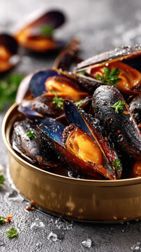 Cooked mussels in sauce served in a brushed metal bowl, a savory and sustainable seafood dish, offering a delicious bivalve protein for a gourmet experience