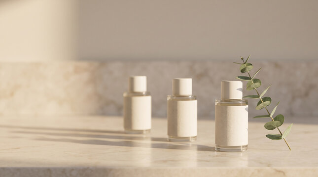 Close-up of Skincare Bottles on Marble Vanity with Natural Light