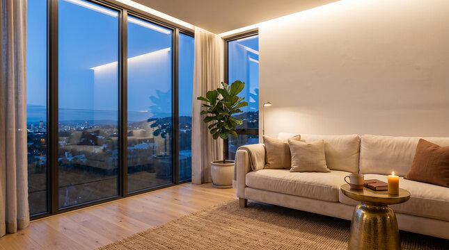 Modern living room with velvet sofa and large windows at sunset