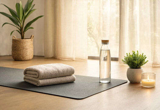 Peaceful home yoga studio setup with meditation cushion, candle, and water for wellness