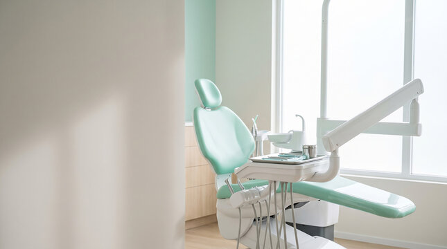 Dental treatment room with chair and equipment in bright clinical setting