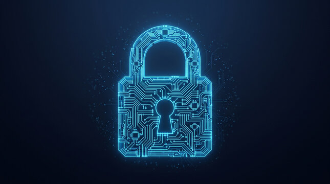 Digital Circuitry and Lock Icon in Neon Blue on Dark Background