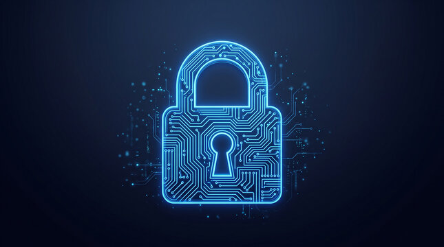 Digital Circuitry and Blue Padlock Icon in Futuristic Style