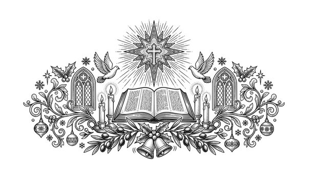 Vintage Merry Christmas Happy Star Sunday Black and White Engraving Vector with Bible and Bethlehem Star