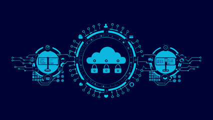 Cloud computing hub illustration with server racks locks and network connections on a dark background © SayanKumar