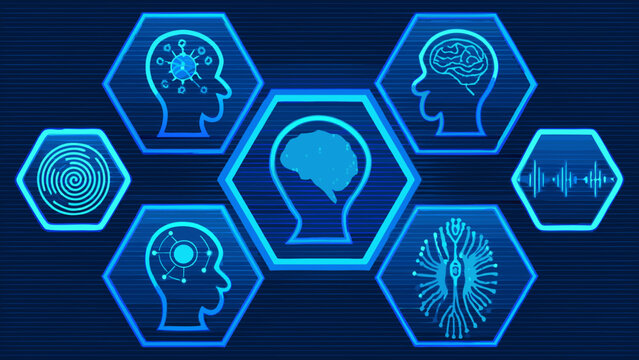 Hexagonal panels depicting human heads and brain imagery in a vibrant blue vector illustration artificial