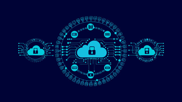Circular network diagram with cloud and lock icons featuring interconnected lines and nodes abstract access