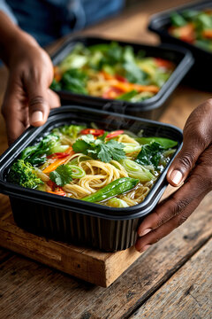 Hands holding delivered noodle soup meal in takeout box