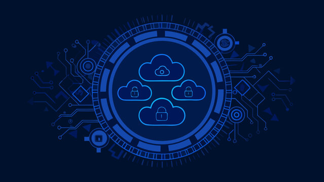 Circular network design featuring cloud symbols and padlocks a blue vector illustration on a dark background
