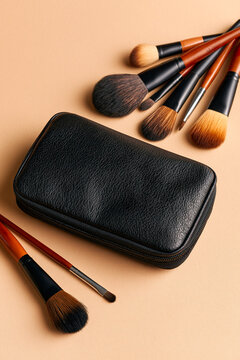 Makeup brush and black cosmetic bag on beige background