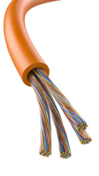 Isolated orange cable revealing multicolored twisted copper electrical wires or optical fibers