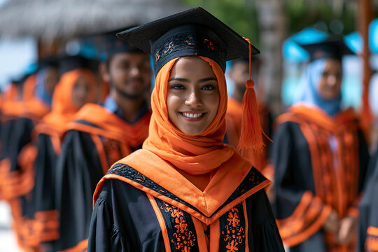 Smiling graduate in hijab at commencement with classmates