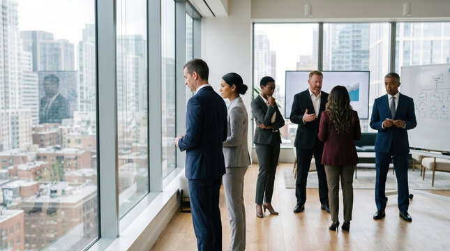 Modern office meeting with diverse team brainstorming ideas
