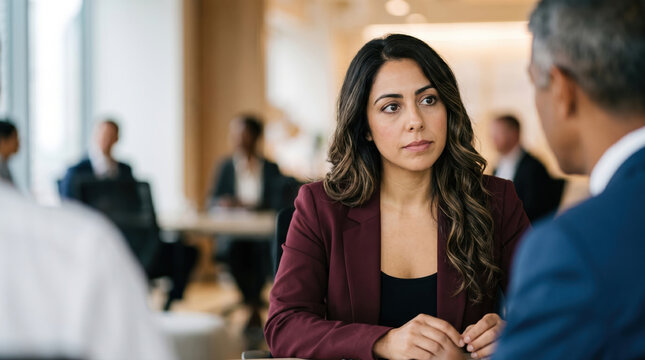 Latino woman and man in office meeting with team working