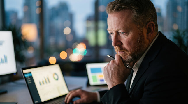 Focused analyst working late with laptop and chart screens
