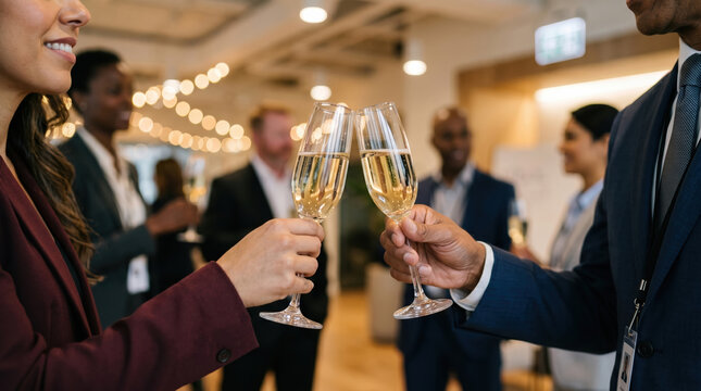 Business colleagues toast with champagne at office event