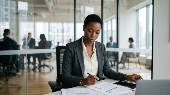 Professional woman reviewing documents and taking notes