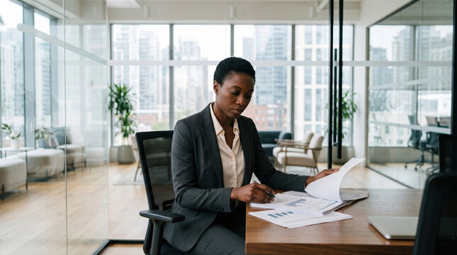 Businesswoman reviewing financial report in modern office