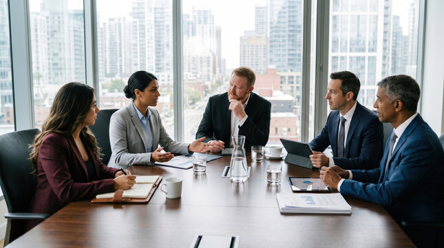 Diverse team meeting in modern city office boardroom