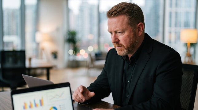 Business professional using laptop in modern office with view