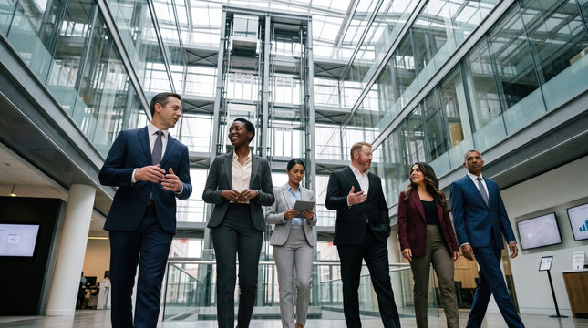 Group of business people walking through modern office atrium