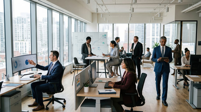 Business professional teamwork in modern office with skyline