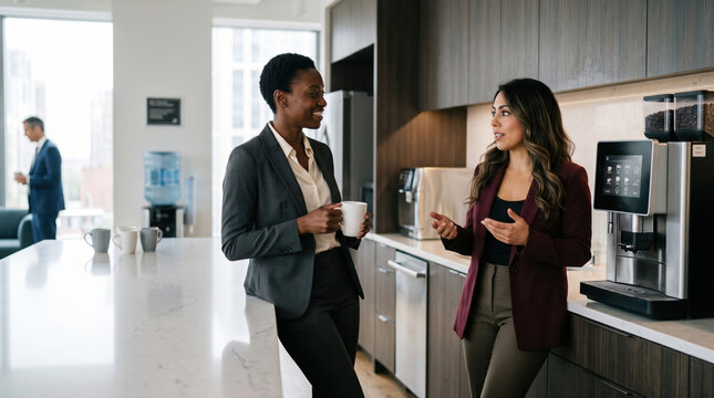 Business colleagues chat by office coffee machine