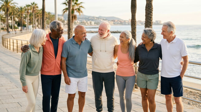 Senior friend group walking on A sunny palm-lined beach