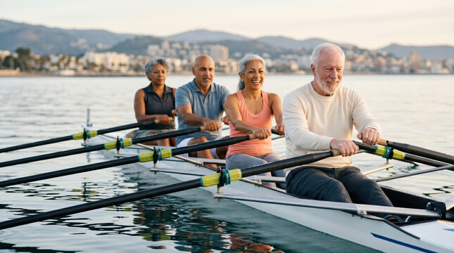 Senior team rowing at sunset for fun, fitness, and unity