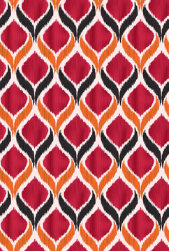 Modern abstract ogee ikat seamless pattern in vibrant orange, black, and white