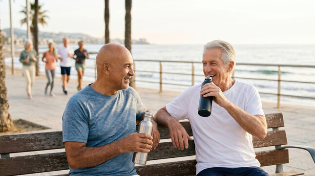 Senior men chat on a beach bench as joggers pass by