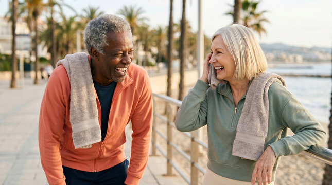 Senior friends laughing on A morning beach walk together