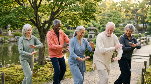 Diverse senior group practicing tai chi in a park