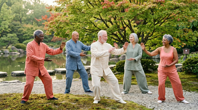 Friends practice tai chi in serene garden by pond