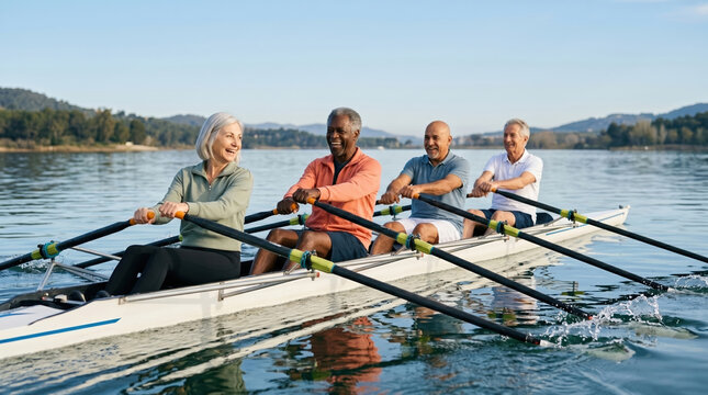 Active senior group rowing on calm lake near forest