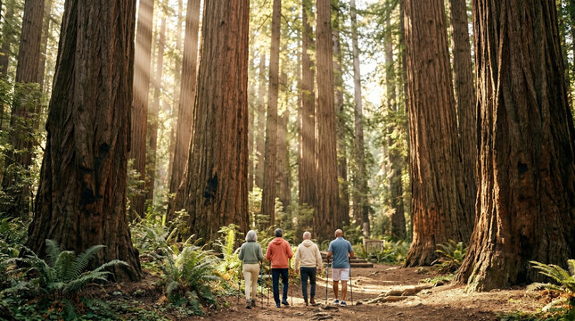 Friends walking through tall forest trees in daylight
