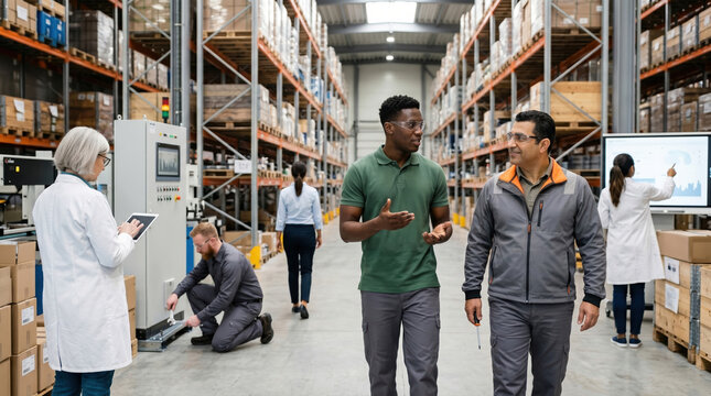 Warehouse team discussing logistics while operations run behind