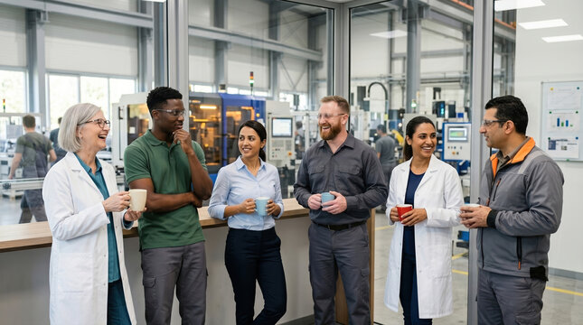 Diverse lab coat team sharing ideas and drinks at work
