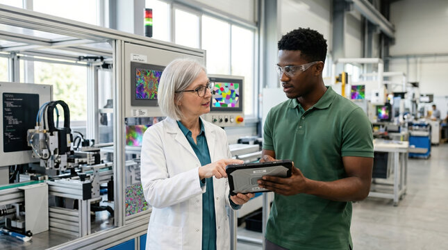 Colleagues review project data on tablet in modern lab