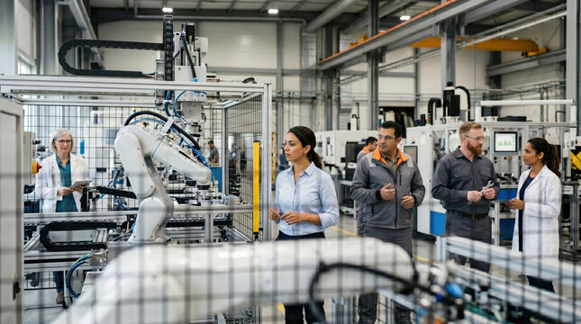 Group observing industrial robot in daytime factory setting