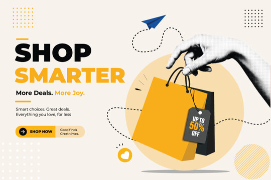 Halftone Pop Art Collage with Hand Holding Shopping Bag with Discount Tag. Shop Smarter, More Deals, More Joy, and Up to 50% Off Sale Concept. Retro Vintage Style Banner