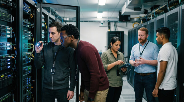Engineers maintain server rack in modern data center daytime