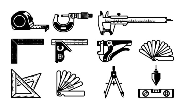 Precision Measuring Tools Vector Icons Set: Calipers, Micrometer, Tape Measure, Level, Compass
