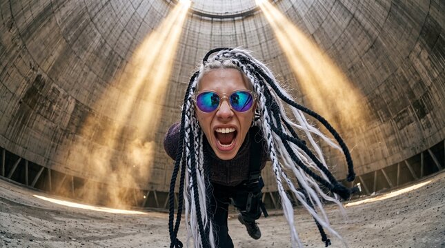 Exuberant Person in Industrial Tunnel Looking at Camera