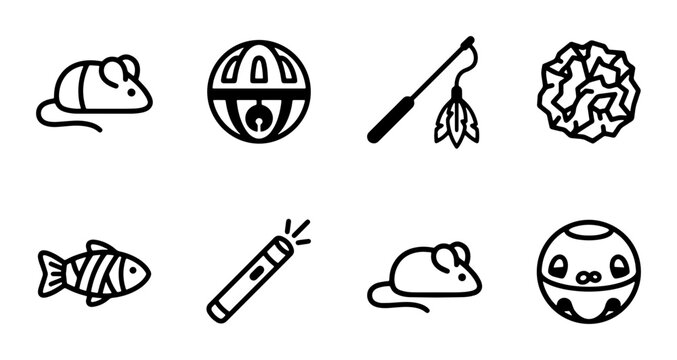 Cute Cat Toy Icons: Mouse, Ball, Feather Wand, Laser Pointer, Fish, Crinkle Ball, Vector Set