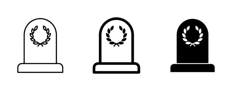 Minimalist tombstone icon set with laurel wreath, black gravestone vector symbols, cemetery headstone line art for funeral services