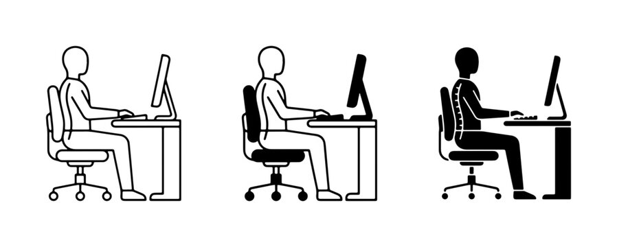 Ergonomic sitting posture icons, office worker at desk with computer, correct spine alignment and healthy workspace habits vector set