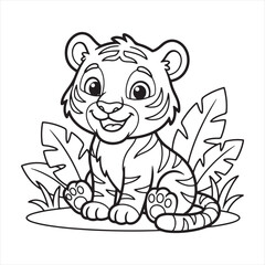 Obraz premium Cute cartoon baby tiger character sitting in the jungle, black and white line art vector illustration for kids coloring page.